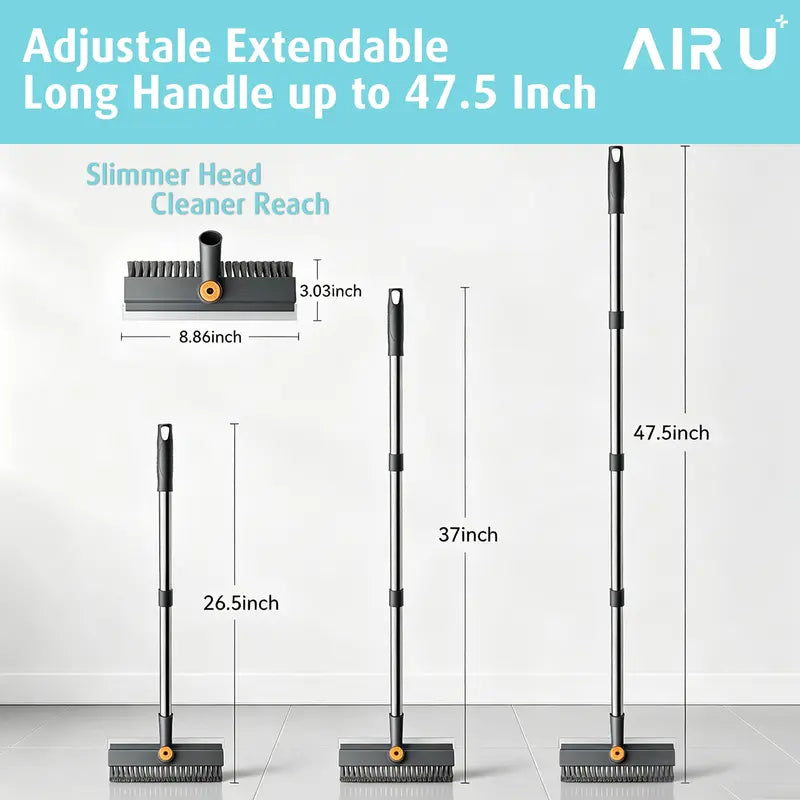 3-in-1 Floor Scrub Brush with Long Adjustable Handle, 360° Rotating Scraper, Stiff Bristles & Built-In Squeegee for Bathroom, Patio & Household Cleaning