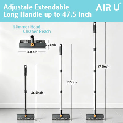3-in-1 Floor Scrub Brush with Long Adjustable Handle, 360° Rotating Scraper, Stiff Bristles & Built-In Squeegee for Bathroom, Patio & Household Cleaning