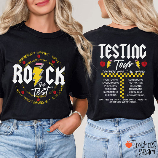 Rock The Test Testing Tour Teacher Two Sided T-Shirt
