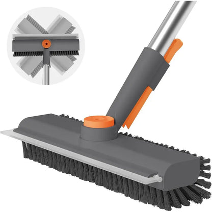3-in-1 Floor Scrub Brush with Long Adjustable Handle, 360° Rotating Scraper, Stiff Bristles & Built-In Squeegee for Bathroom, Patio & Household Cleaning