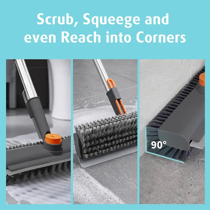 3-in-1 Floor Scrub Brush with Long Adjustable Handle, 360° Rotating Scraper, Stiff Bristles & Built-In Squeegee for Bathroom, Patio & Household Cleaning
