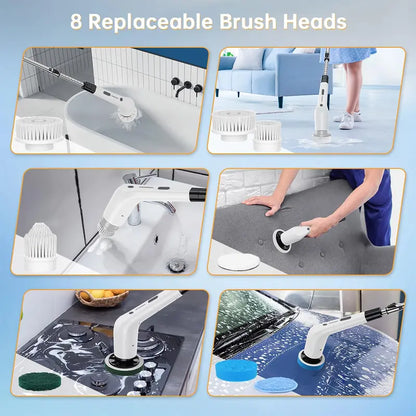 Cordless Electric Spin Scrubber with 8 Replaceable Brush Heads, Extendable Handle, Adjustable Speed & Waterproof LED Display