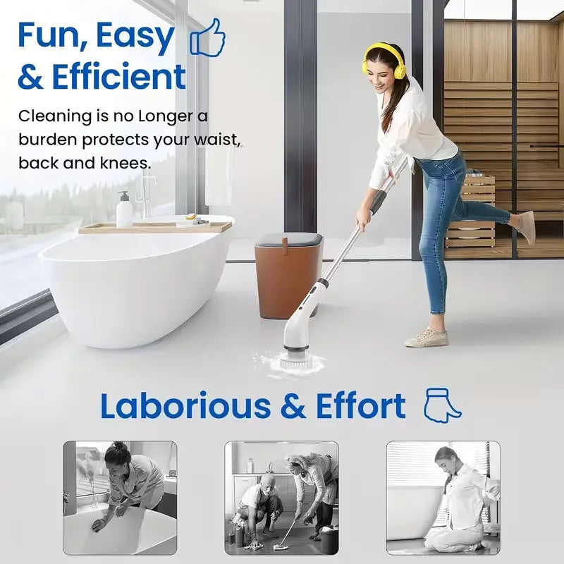 Cordless Electric Spin Scrubber with 8 Replaceable Brush Heads, Extendable Handle, Adjustable Speed & Waterproof LED Display