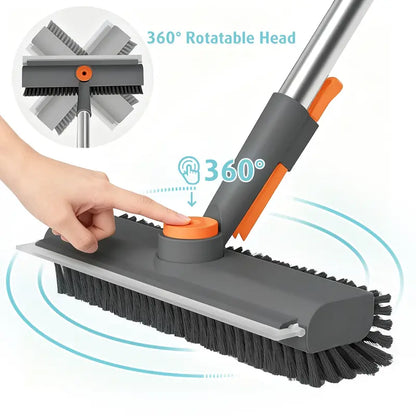 3-in-1 Floor Scrub Brush with Long Adjustable Handle, 360° Rotating Scraper, Stiff Bristles & Built-In Squeegee for Bathroom, Patio & Household Cleaning