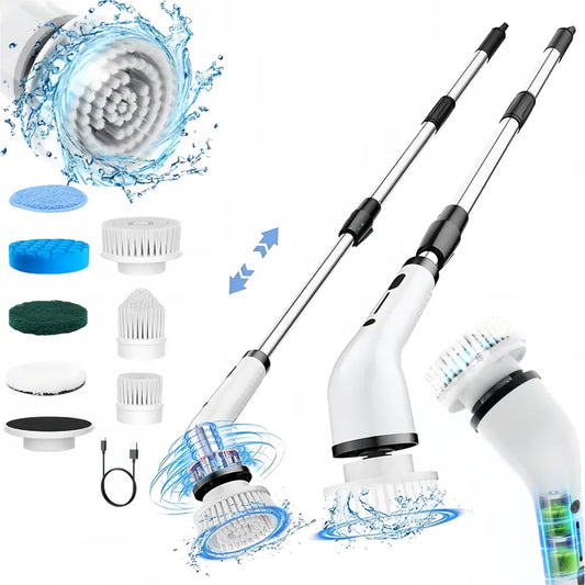 Cordless Electric Spin Scrubber with 8 Replaceable Brush Heads, Extendable Handle, Adjustable Speed & Waterproof LED Display