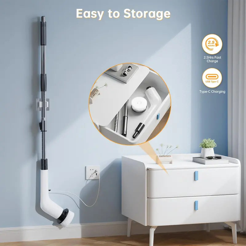 Cordless Electric Spin Scrubber with 8 Replaceable Brush Heads, Extendable Handle, Adjustable Speed & Waterproof LED Display