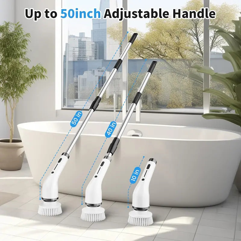 Cordless Electric Spin Scrubber with 8 Replaceable Brush Heads, Extendable Handle, Adjustable Speed & Waterproof LED Display