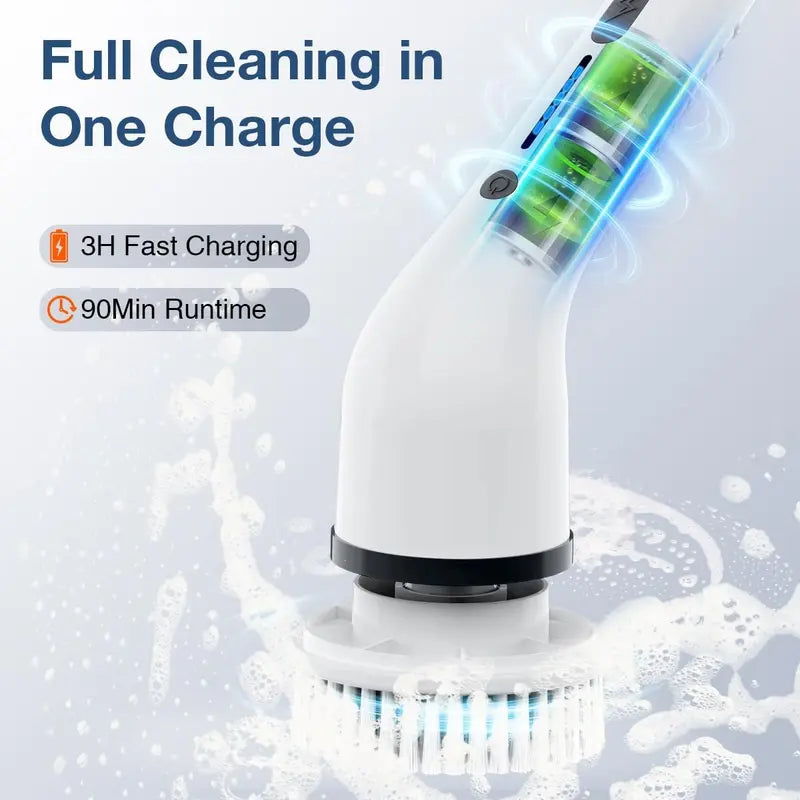 Cordless Electric Spin Scrubber with 8 Replaceable Brush Heads, Extendable Handle, Adjustable Speed & Waterproof LED Display